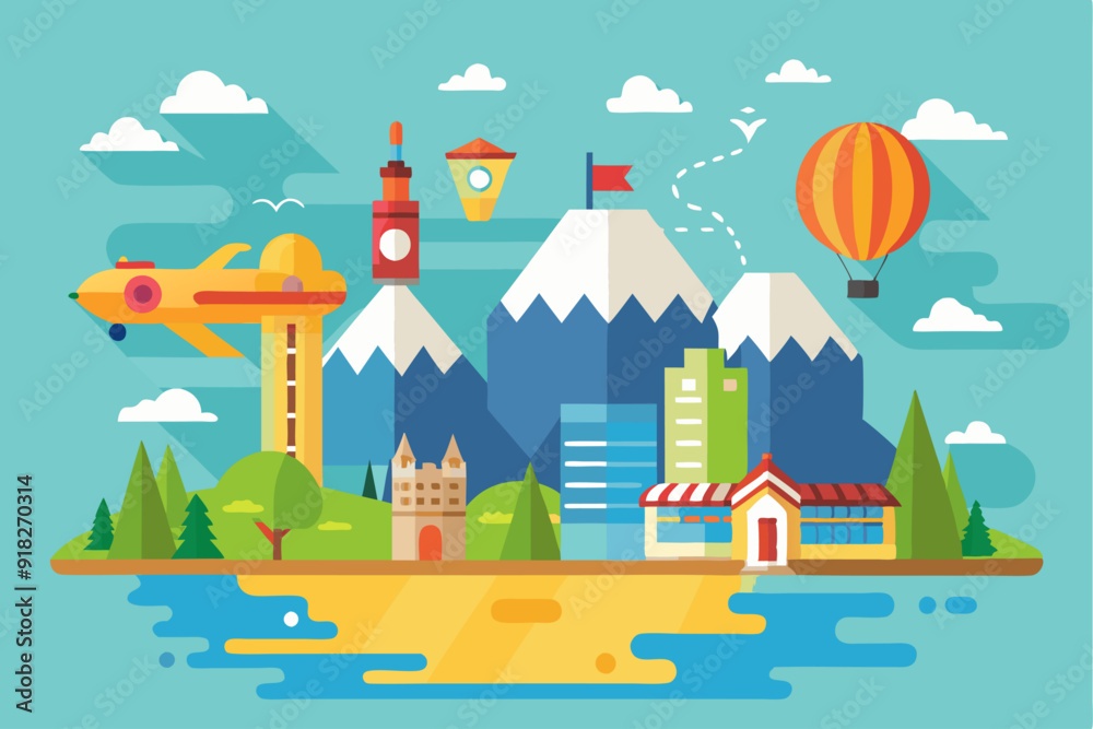 A flat design illustration depicting a cityscape with a hot air balloon, mountains, a lake and a plane in the sky. A flat design illustration depicting a cityscape with a hot air balloon, mountains, a lake and a plane in the sky.