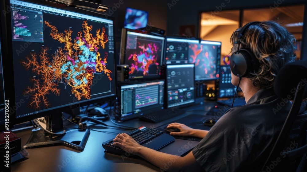 A man is sitting at a desk with four computer monitors in front of him