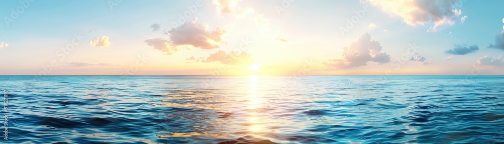 Serene panoramic view of a beautiful ocean sunset with calm waves and soft clouds in a clear sky, providing a tranquil and breathtaking scenery.