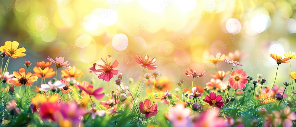 Beautiful wildflowers in a sunlit meadow with colorful blossoms creating a vibrant and serene natural landscape under a warm glow. Beautiful wildflowers in a sunlit meadow with colorful blossoms creating a vibrant and serene natural landscape under a warm glow.