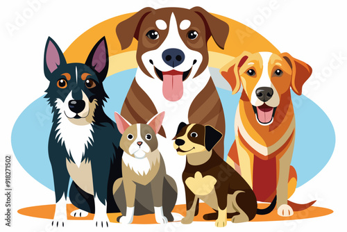 A Group of Happy Dogs and a Cat Posing Together