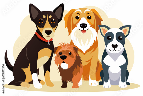 Four Dogs Sitting Together on a Tan Background