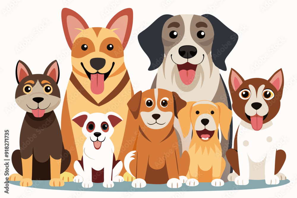 Obraz premium Seven Cartoon Dogs Sitting Together in a Row