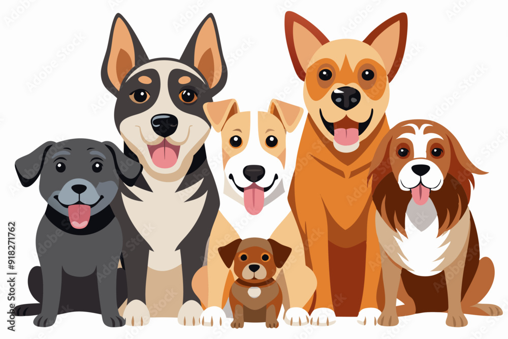 Five Smiling Cartoon Dogs Sitting in a Row Five Smiling Cartoon Dogs Sitting in a Row