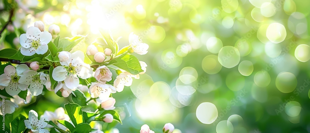 A vibrant and serene image of blooming flowers in the spring sunshine, with a lush green background and soft bokeh effect. A vibrant and serene image of blooming flowers in the spring sunshine, with a lush green background and soft bokeh effect.