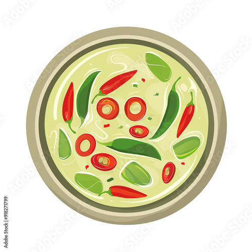 Top view of Green Curry in a cartoon style on white background
