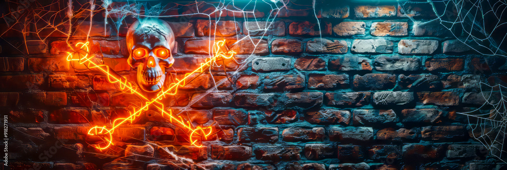 Halloween banner with neon sign of skull and crossbones on dark brick wall. Halloween banner with neon sign of skull and crossbones on dark brick wall.