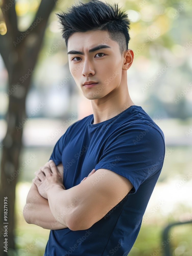 A young man with a confident expression stands outdoors, arms crossed, in a casual setting. A young man with a confident expression stands outdoors, arms crossed, in a casual setting.