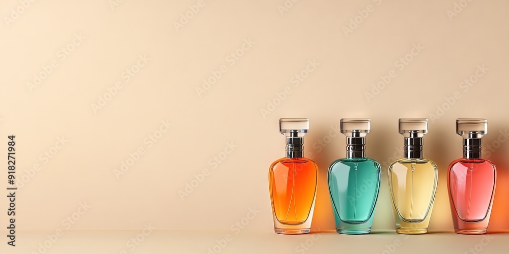 Colorful perfume bottles arranged in a row on a beige background Colorful perfume bottles arranged in a row on a beige background