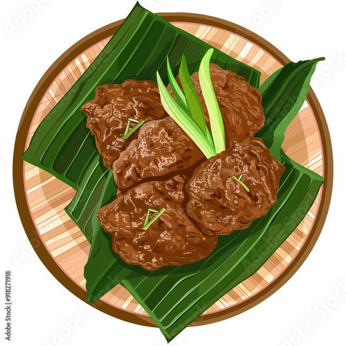 Top view of Rendang in a cartoon style on white background