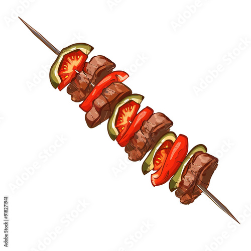 Top view of Shish Kebab in a cartoon style on white background