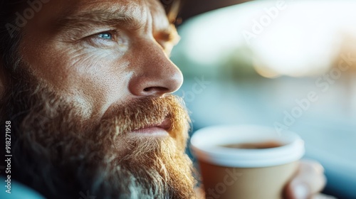 A cozy scene of a person inside a car, holding a paper coffee cup with both hands and enjoying a warm beverage moment. The background is slightly blurred.