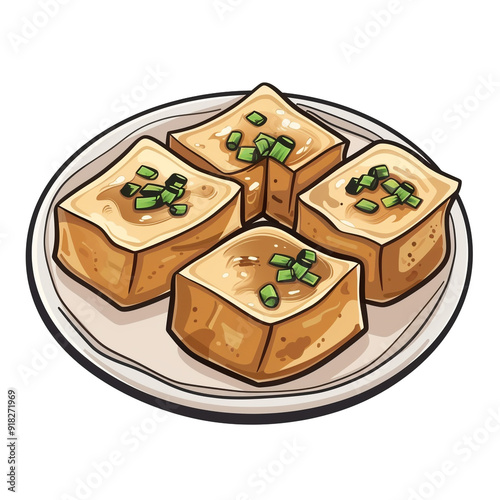 Top view of Stinky Tofu in a cartoon style on white background