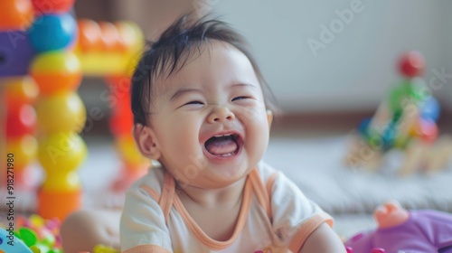 Asian baby laughing while playing with toys