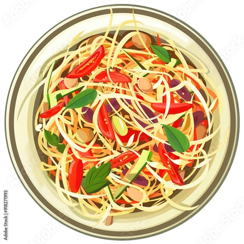 Top view of Thai Papaya Salad(Som Tum) dish in a cartoon style on white background
