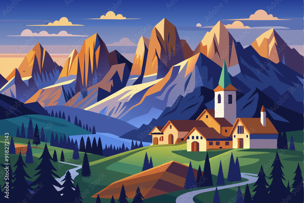 Naklejka premium Picturesque Village Nestled in the Shadow of Majestic Mountains at Dusk