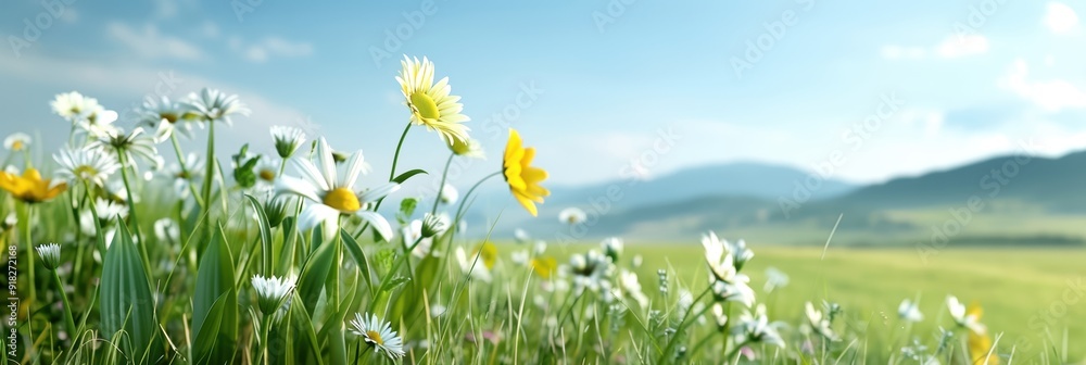 Fototapeta premium A serene landscape with wildflowers in a meadow under a clear blue sky, surrounded by rolling hills in the background.