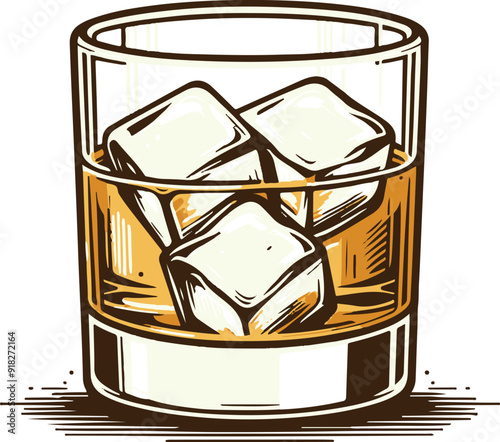 Vector image of a vintage whiskey glass with ice cubes. whiskey in vintage warm color. Simple, clean, classic design. 