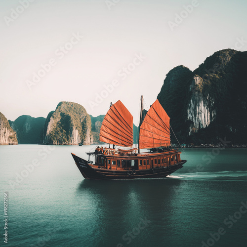 A traditional junk boat sailing in Ha Long Bay