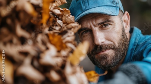 An intense gaze of a worker in a blue cap focuses on collecting golden brown autumn leaves, emphasizing the dedication and effort involved in maintaining the seasonal landscape. photo