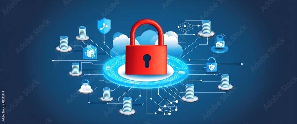 Fototapeta premium Lock Icon cyber security of digital data network protection. High speed connection data analysis. Technology data network conveying connectivity background concept.