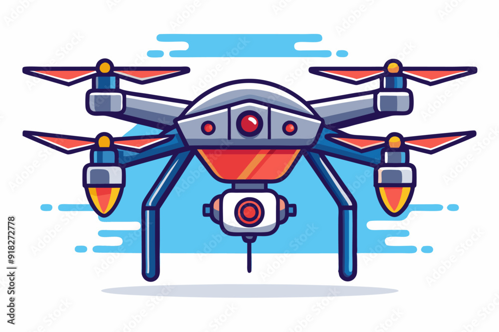 Cartoon illustration of a futuristic drone with four propellers and a camera Cartoon illustration of a futuristic drone with four propellers and a camera