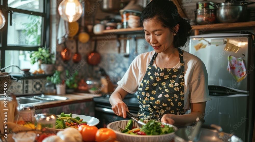 Asian mom preparing a meal in the kitchen Asian mom preparing a meal in the kitchen