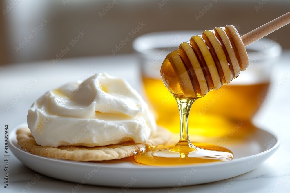 Honey drizzled on a round thin saltine cracker with goat cheese, on a small white plate Honey drizzled on a round thin saltine cracker with goat cheese, on a small white plate