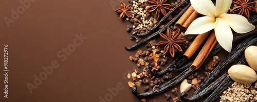 Close-up of vanilla beans, star anise, cinnamon sticks, cloves, and a white flower on a brown background.