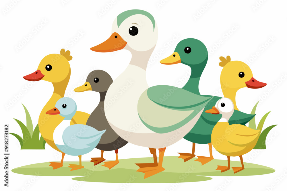 Fototapeta premium A Group of Cartoon Ducks Standing on Green Grass