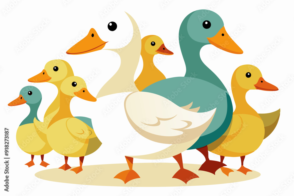 A Group of Cartoon Ducks in Different Colors and Sizes A Group of Cartoon Ducks in Different Colors and Sizes