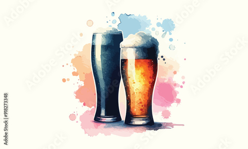 free drink, watercolor mugs of beer, alcohol drinks, hand drawn illustration, watercolor mugs of beer