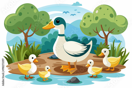 A mother duck and her ducklings by the pond