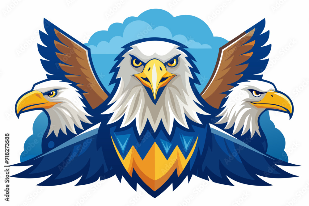 Obraz premium Three Bald Eagles with Wings Spread and a Blue Cloud Background
