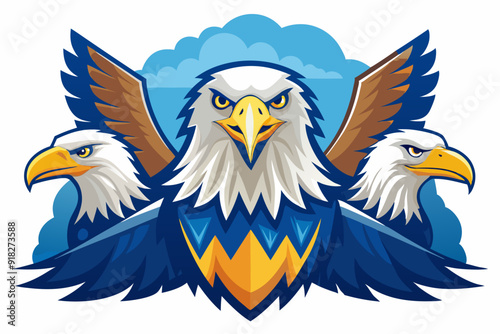 Three Bald Eagles with Wings Spread and a Blue Cloud Background