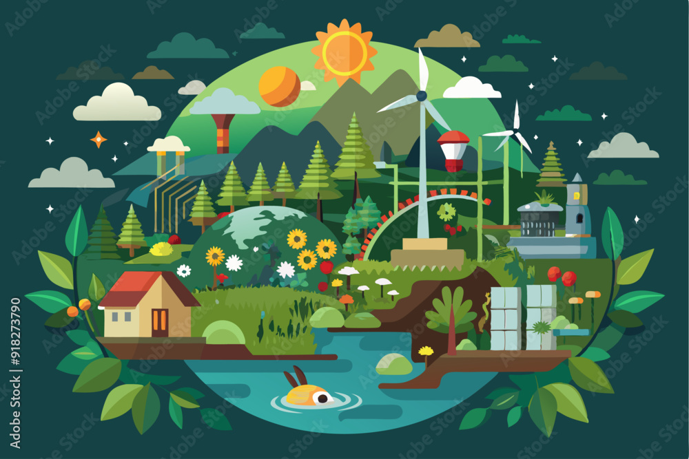Fototapeta premium A Circular Illustration Depicting a Sustainable and Peaceful Ecosystem