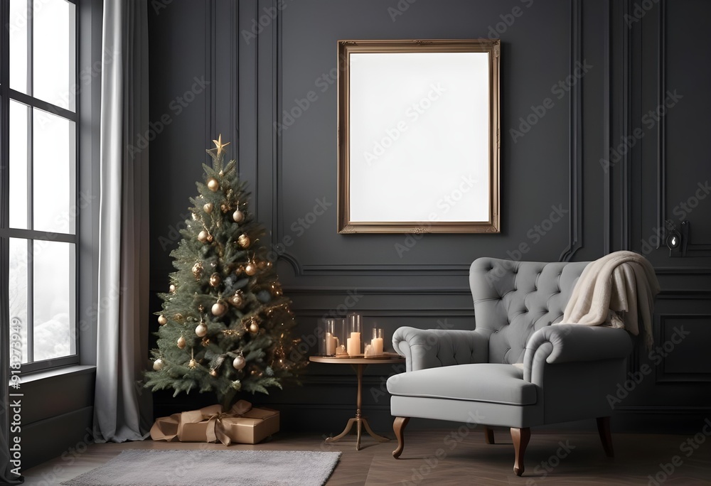 A decorated Christmas tree in a cozy living room with a gray tufted sofa and a framed blank wall. A decorated Christmas tree in a cozy living room with a gray tufted sofa and a framed blank wall.
