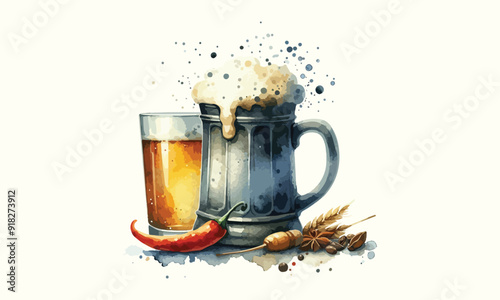 free drink, watercolor mugs of beer, alcohol drinks, hand drawn illustration, watercolor mugs of beer