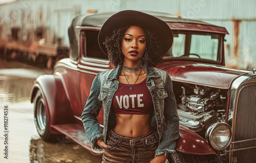 A hip urban woman promoting the vote standing in front of an old hot rod photo