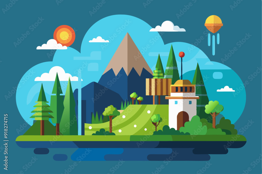 A Flat Design Illustration of a Lush Green Forest with a Mountain in the Background and a Flying Saucer in the Sky A Flat Design Illustration of a Lush Green Forest with a Mountain in the Background and a Flying Saucer in the Sky