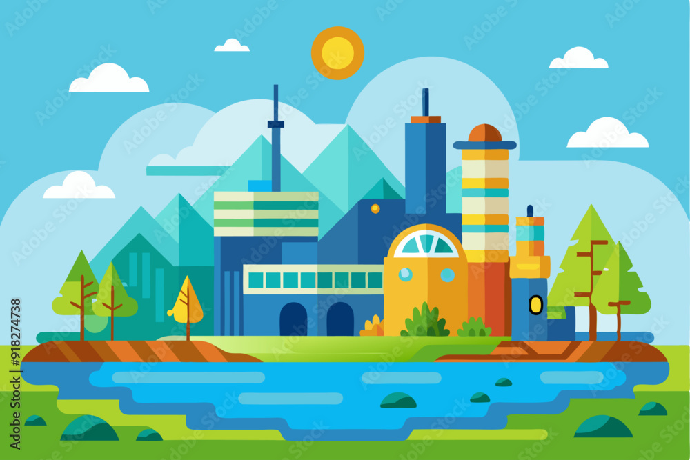 Modern Cityscape with River, Mountains, and Trees Modern Cityscape with River, Mountains, and Trees