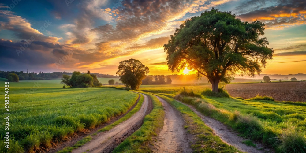 Fototapeta premium Scenic a field with trees and dirt way on sunset view. AI