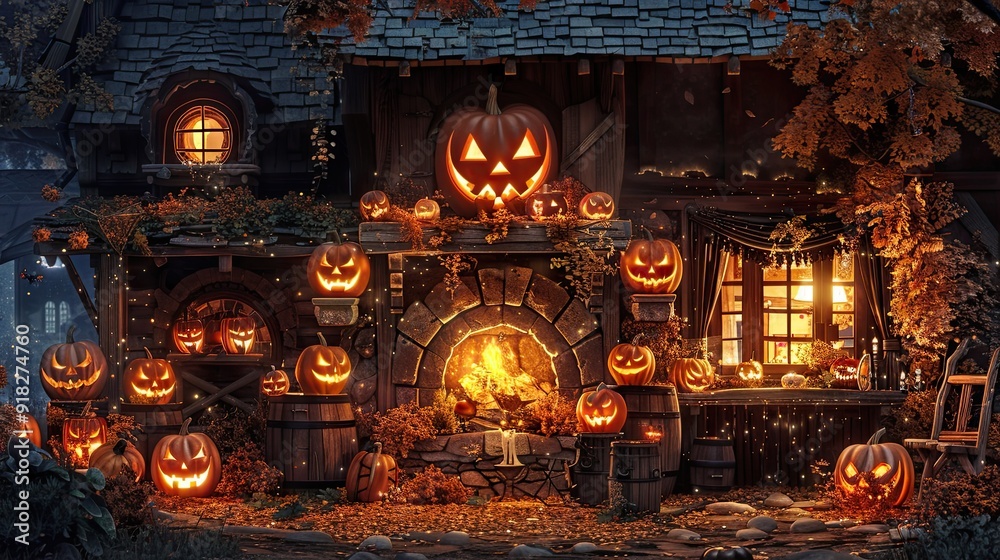Quaint countryside tavern with a hearth adorned with carved jack-o'-lanterns, casting a warm glow Quaint countryside tavern with a hearth adorned with carved jack-o'-lanterns, casting a warm glow