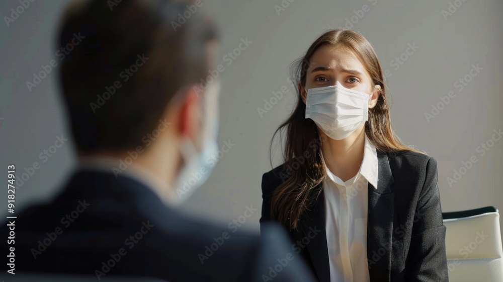 Candidate wearing a mask during a face-to-face job interview. Candidate wearing a mask during a face-to-face job interview.