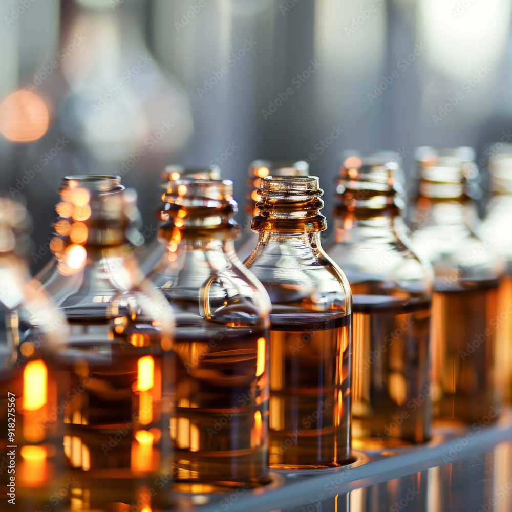 Amber Glass Bottles with Liquid in a Lab Setting Amber Glass Bottles with Liquid in a Lab Setting