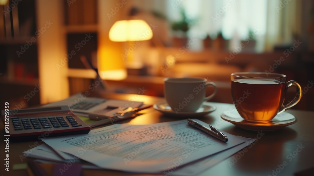 A cozy workspace with documents, a calculator, and cups of tea on a wooden table. A cozy workspace with documents, a calculator, and cups of tea on a wooden table.