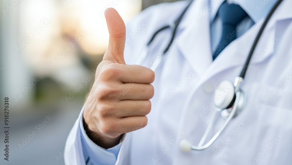 Doctor giving a thumbs up in a white coat in close-up on a blurred background
