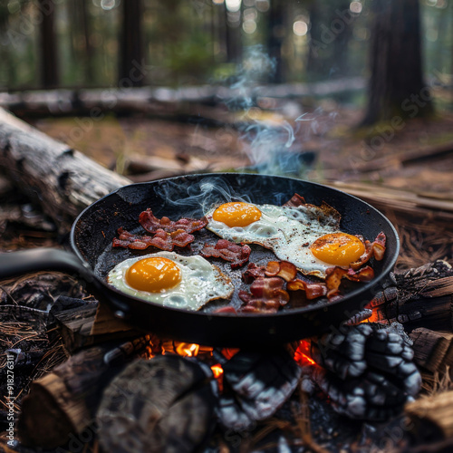 Three Fried Eggs and Bacon Cooking Over a Campfire