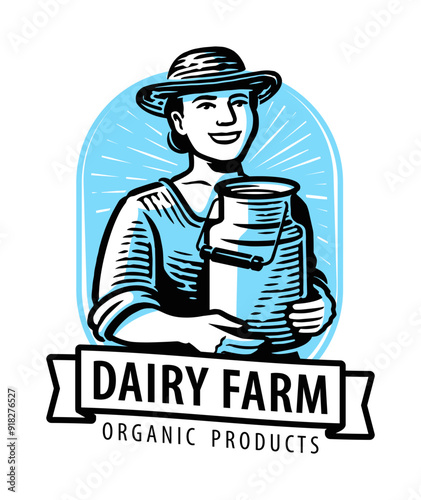 Beautiful girl, young woman farmer holds can of fresh cow milk in her hands. Dairy farm logo or label