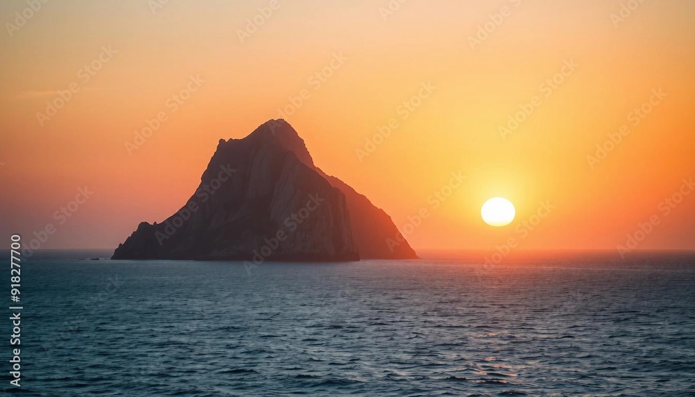 A rocky island in the ocean at sunrise, featuring soft tones and a tranquil atmosphere. A rocky island in the ocean at sunrise, featuring soft tones and a tranquil atmosphere.